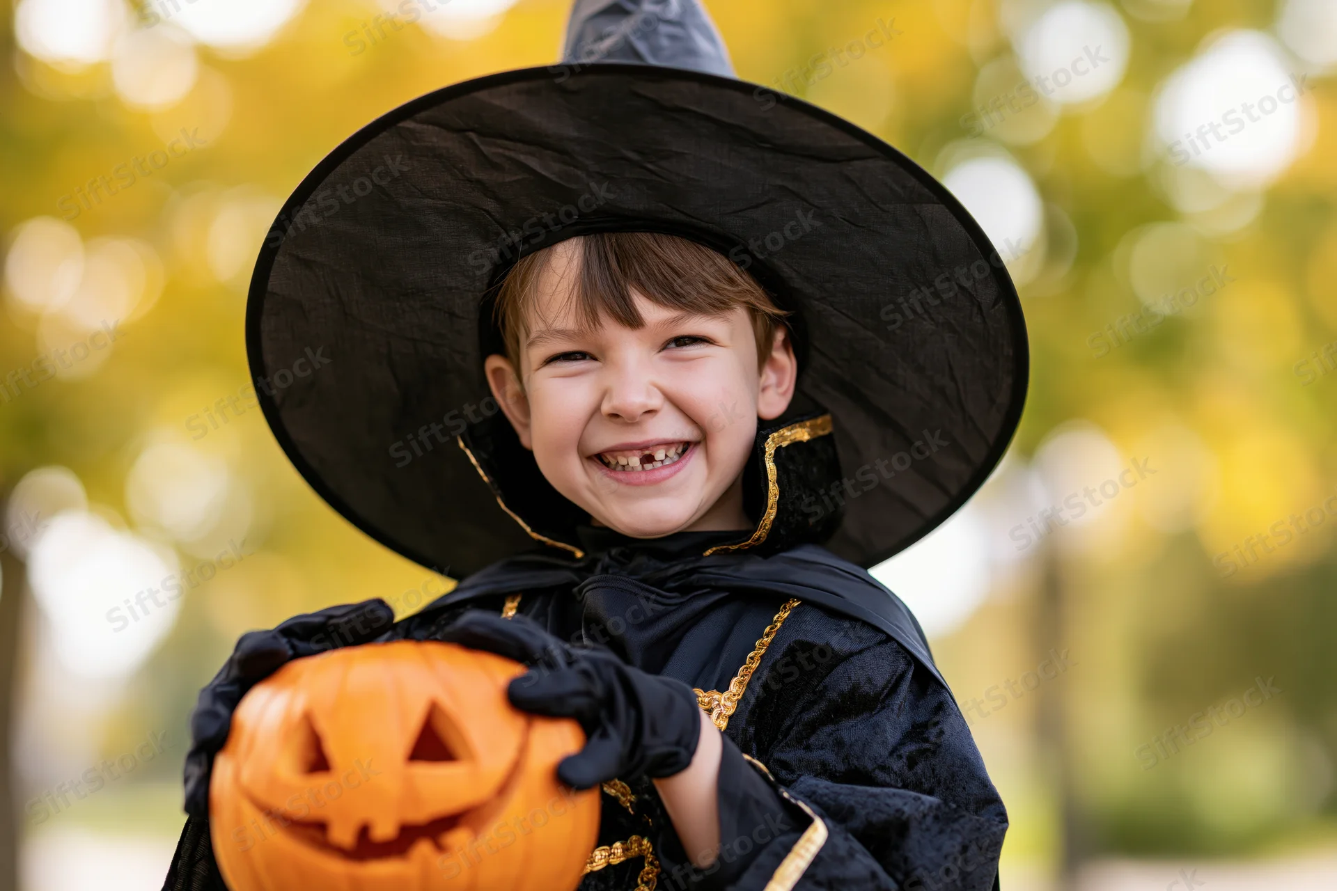 Young boy in witch costume smiling while holding a carved pumpkin outdoors in autumn foliage