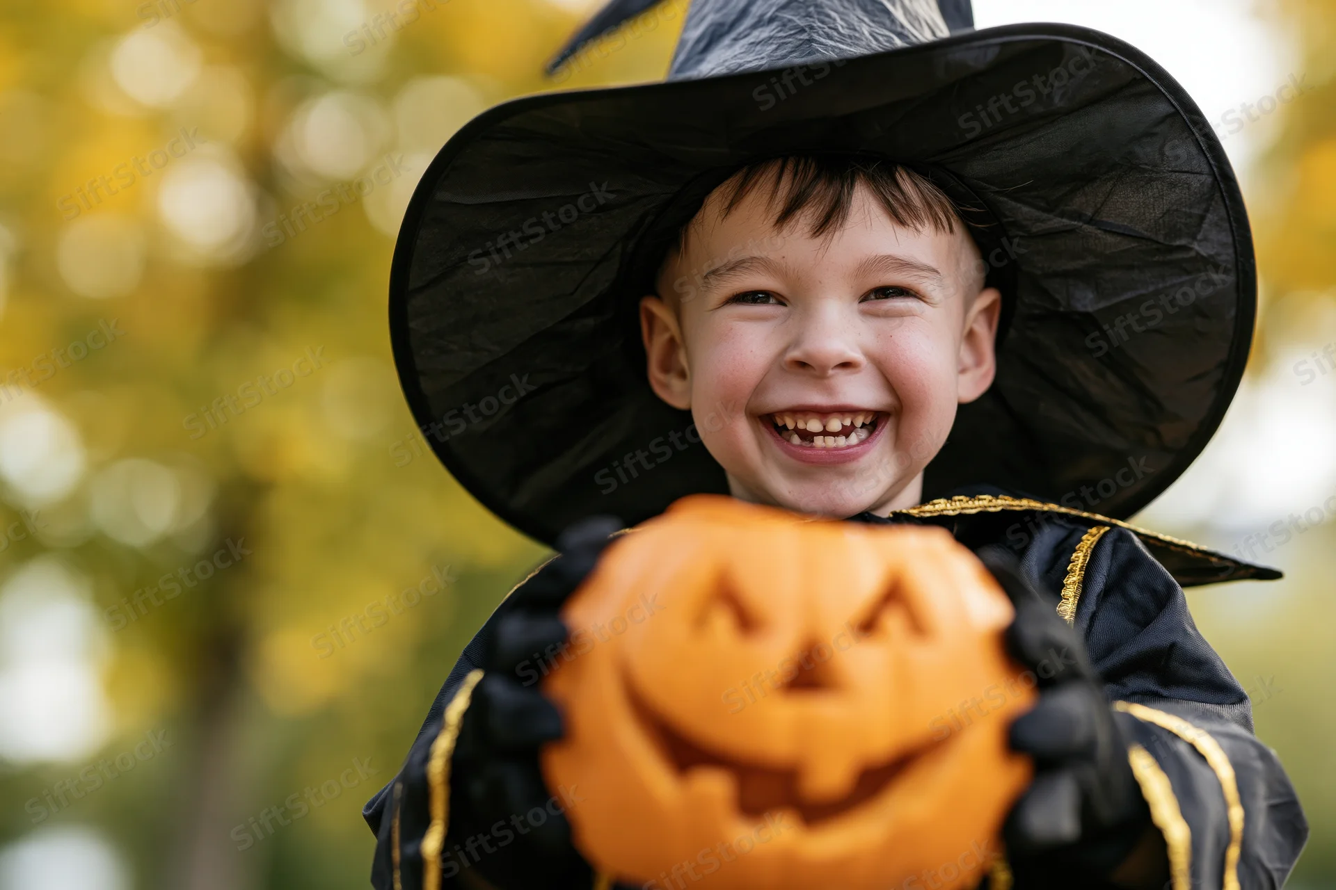 Smiling toddler boy in witch costume holding jack-o-lantern outdoors in autumn foliage