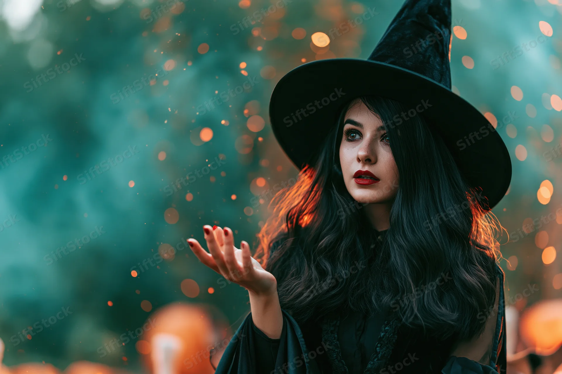Young woman in witch costume holding palm open with glowing particles in forest at night