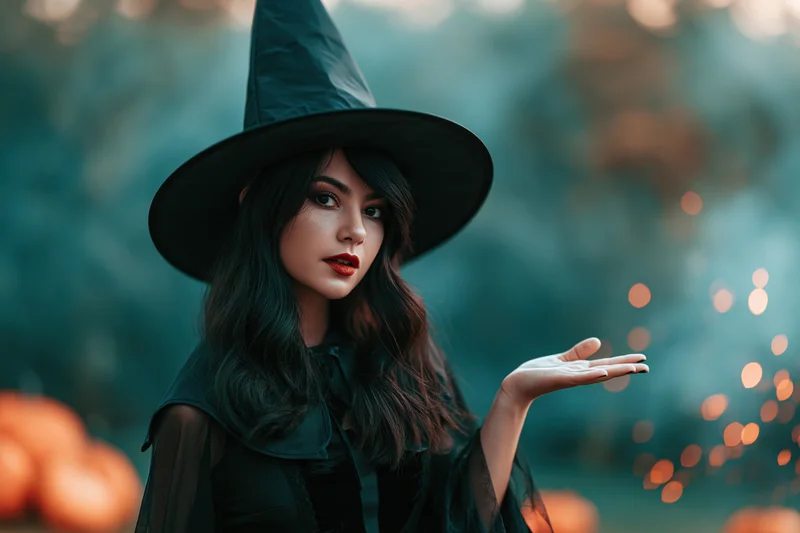 Young woman in witch costume holding open palm with mystical glow in forest at night