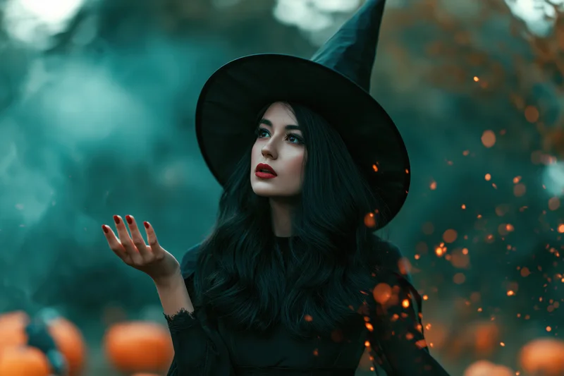 Woman in witch costume holding open palm amidst glowing sparks in a dark forest with pumpkins