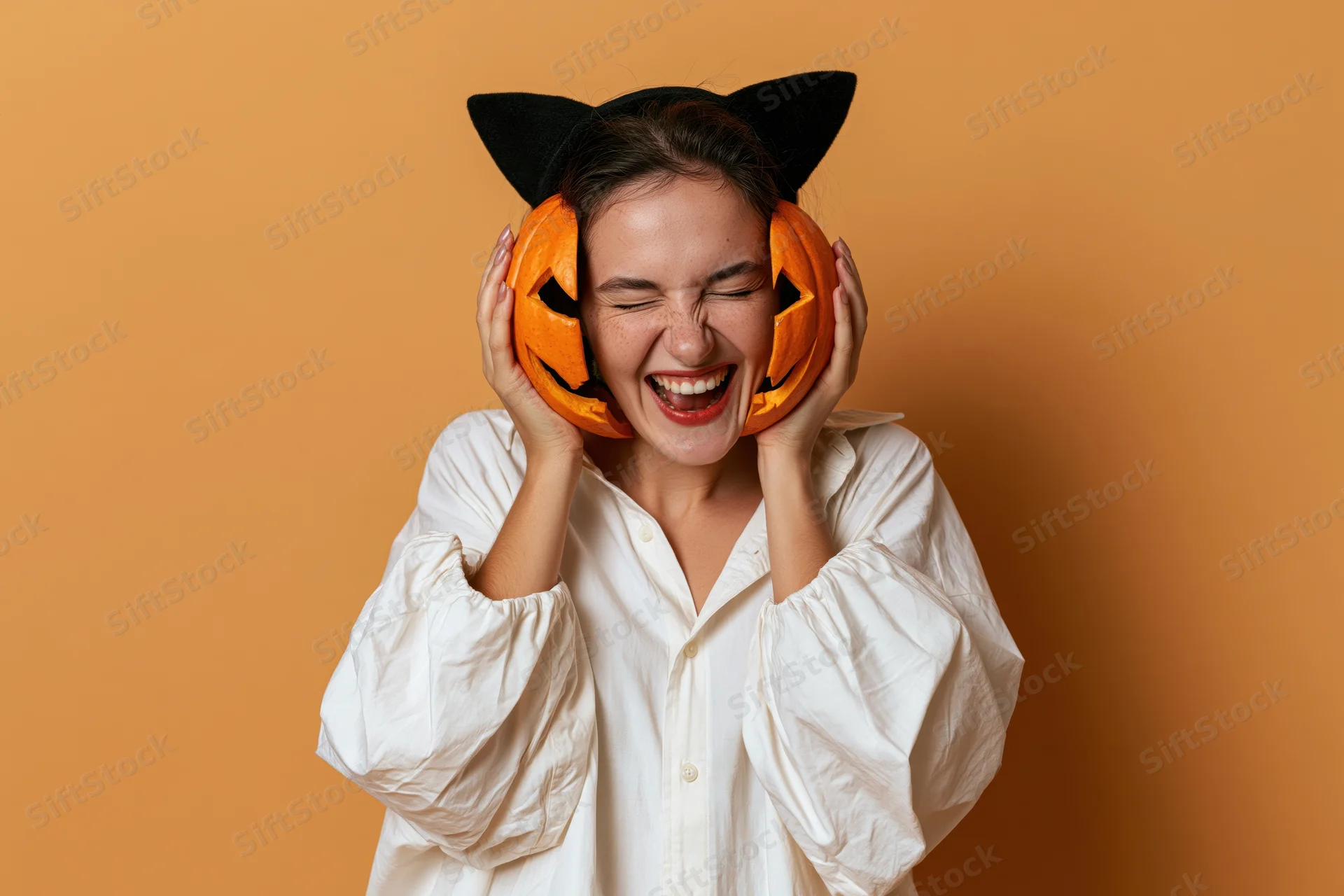 Woman laughing while holding jack-o-lanterns to her face against orange background