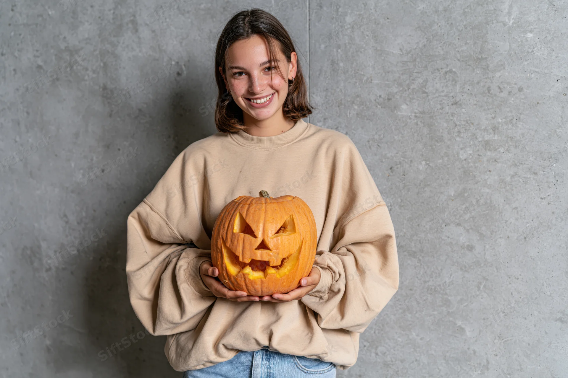 Young woman smiling while holding a carved jack-o-lantern pumpkin against a gray concrete wall