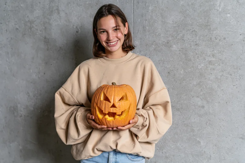Young woman smiling while holding a carved jack-o-lantern pumpkin against a gray concrete wall