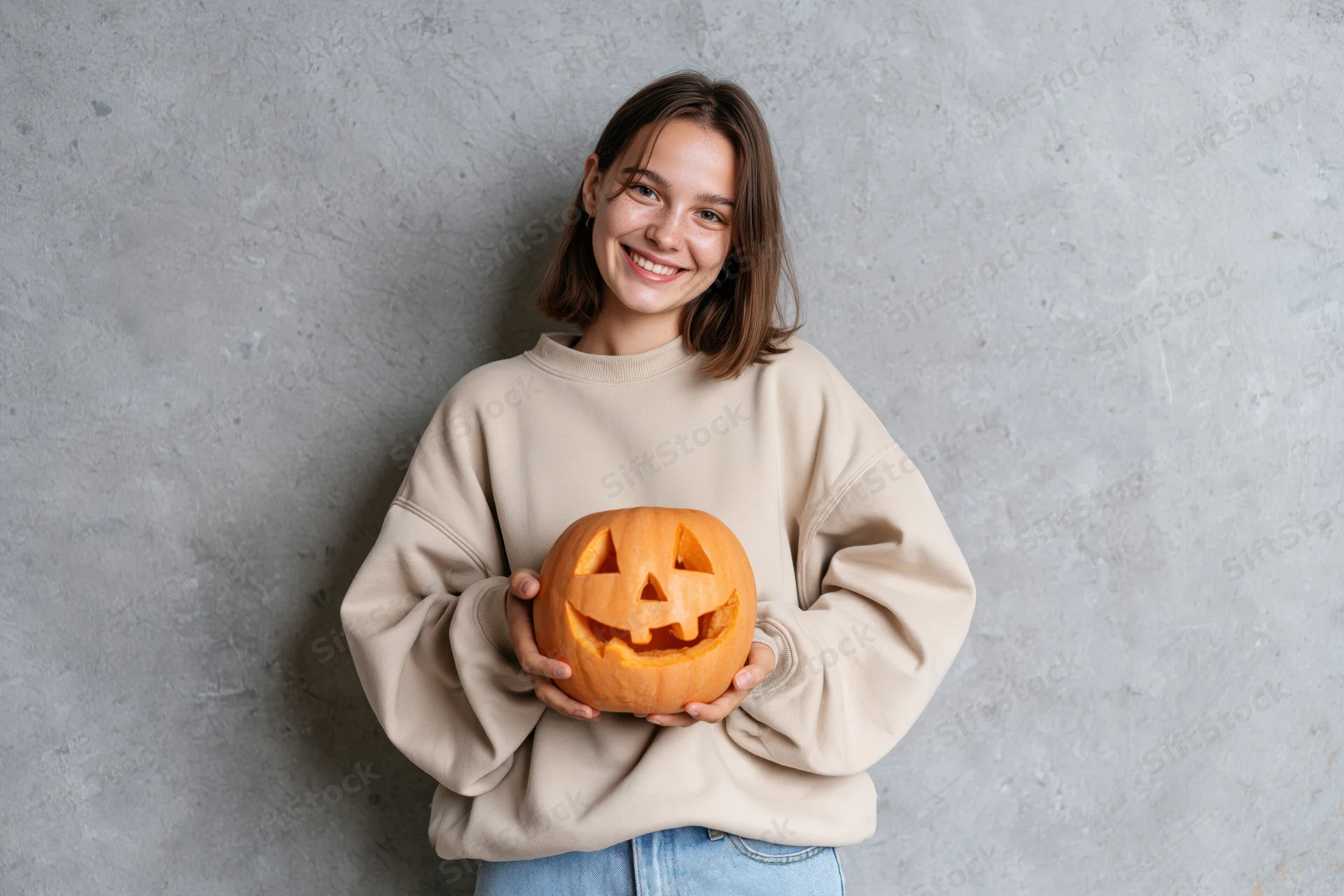 Young woman holding carved jack-o-lantern pumpkin against gray concrete wall