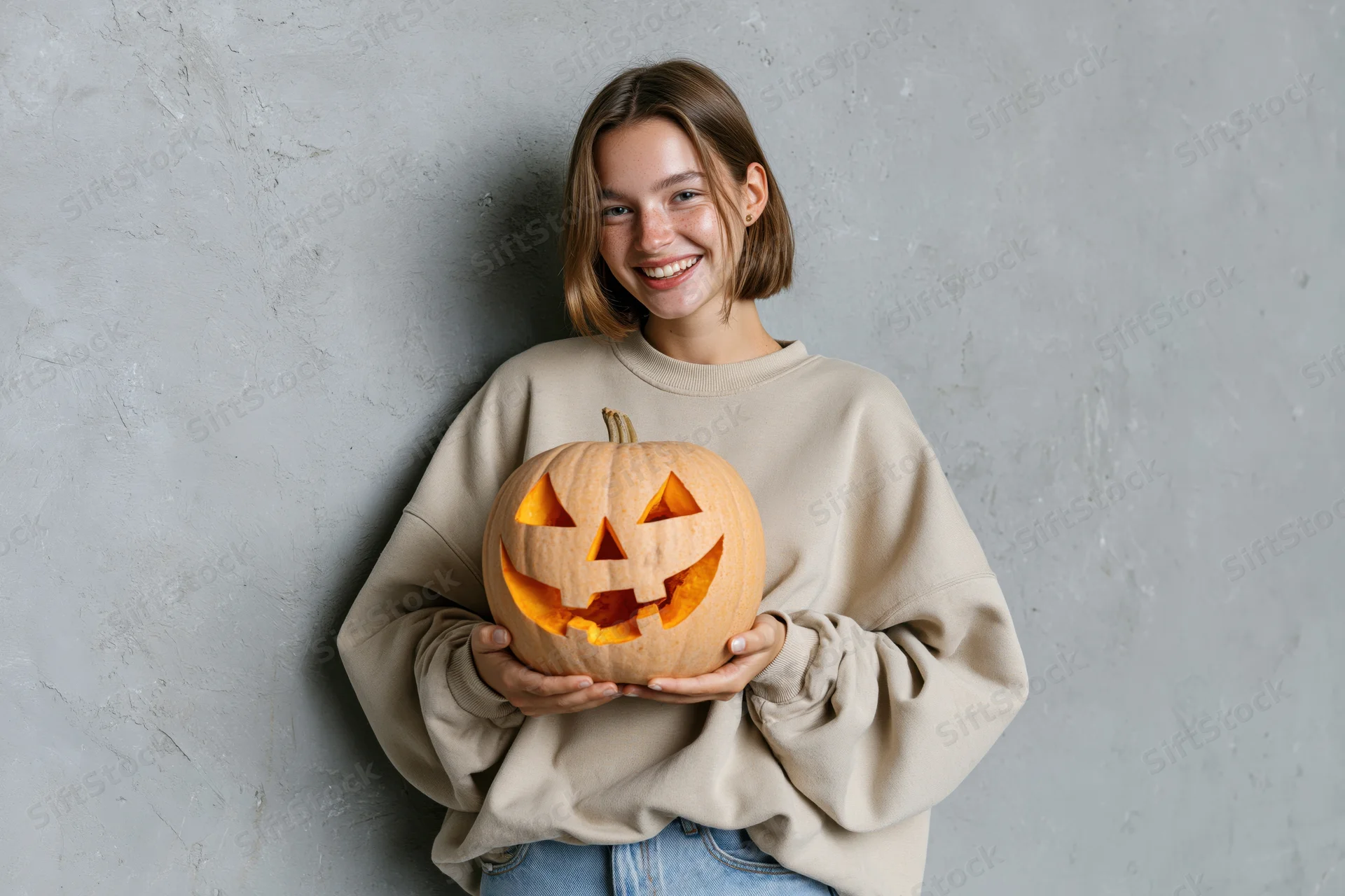 Young woman holding a carved jack-o-lantern pumpkin against a gray concrete wall