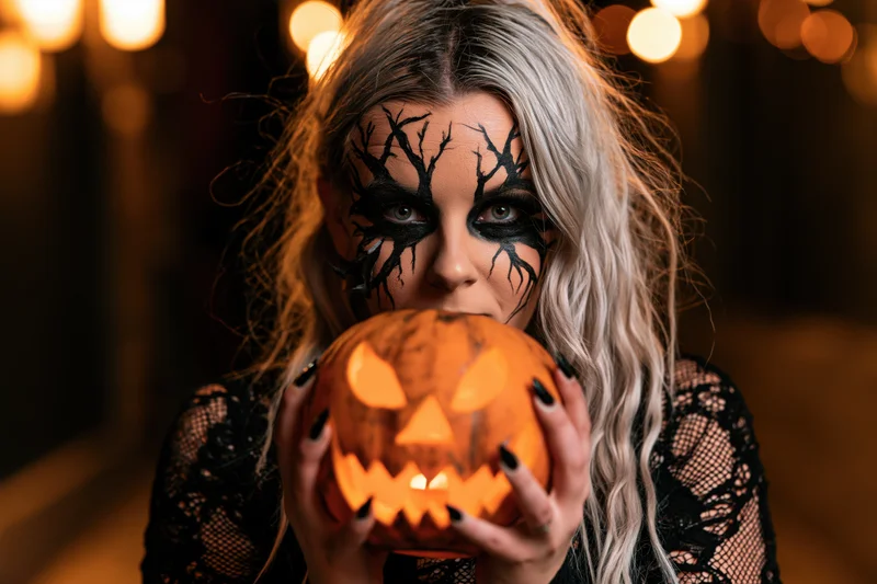 Woman holding glowing carved pumpkin with black face paint at halloween party