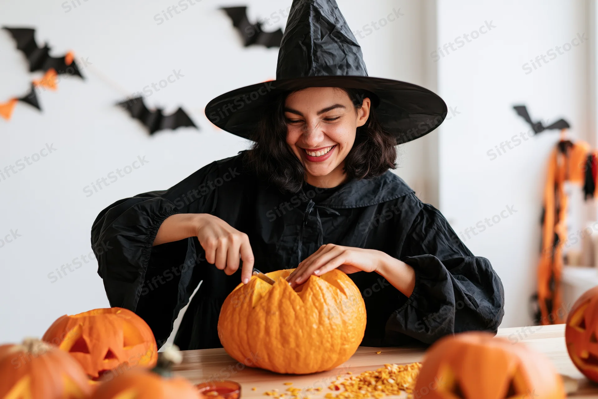 Woman in witch costume carving pumpkin at table with halloween decorations around