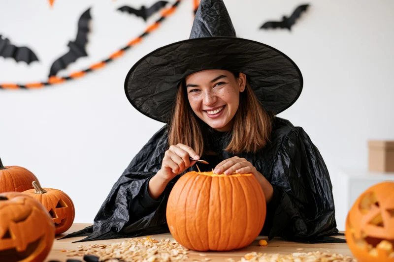 Woman in witch costume carving pumpkin at table with halloween decorations
