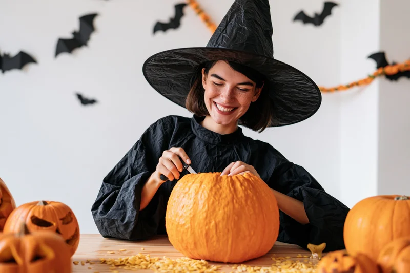 Woman in witch costume carving pumpkin at table with halloween decorations