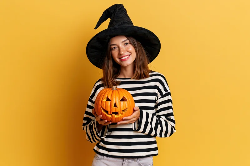 Young woman in witch hat holding carved pumpkin against yellow background