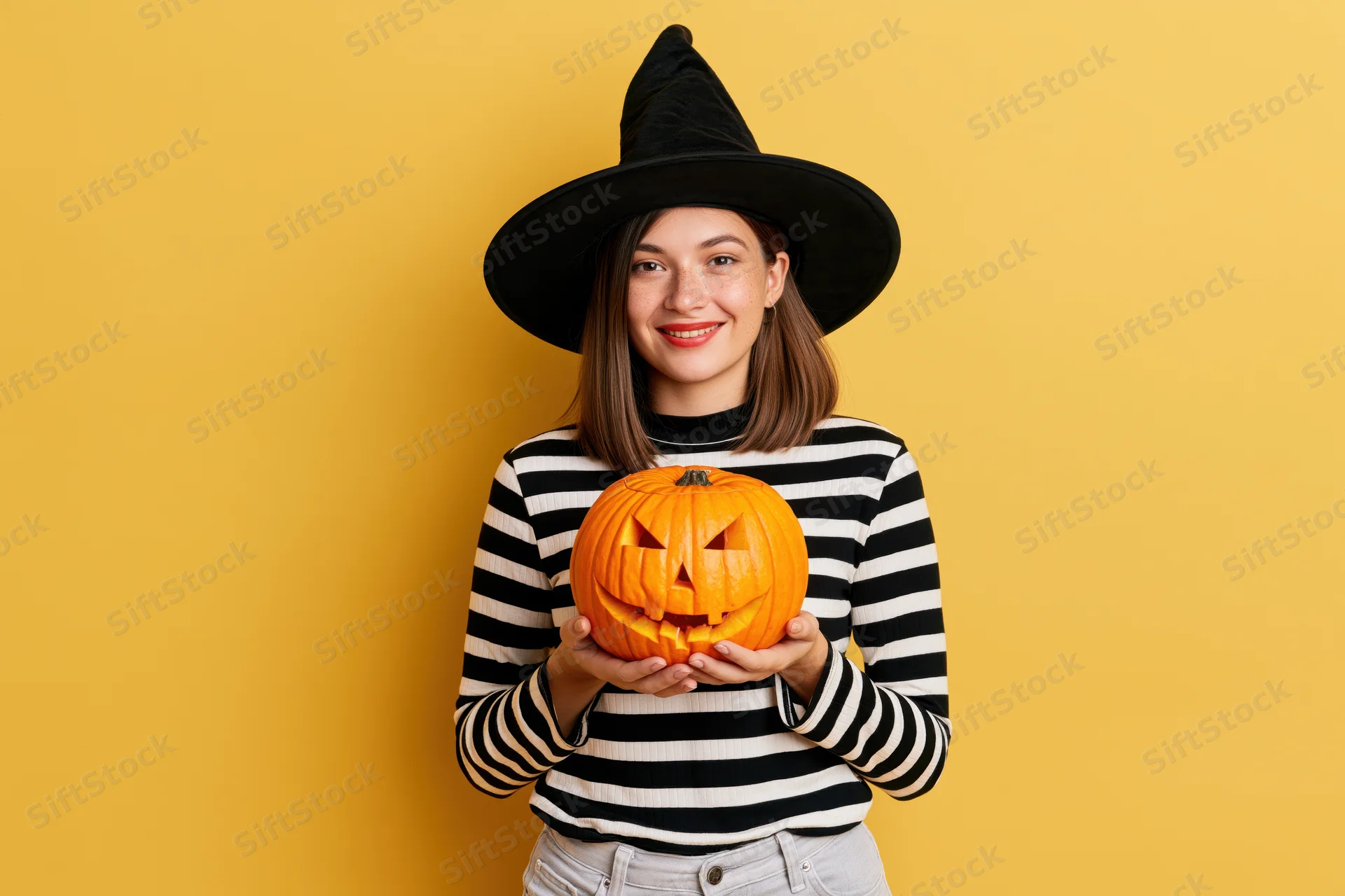 Young woman in witch hat holding carved pumpkin against yellow background