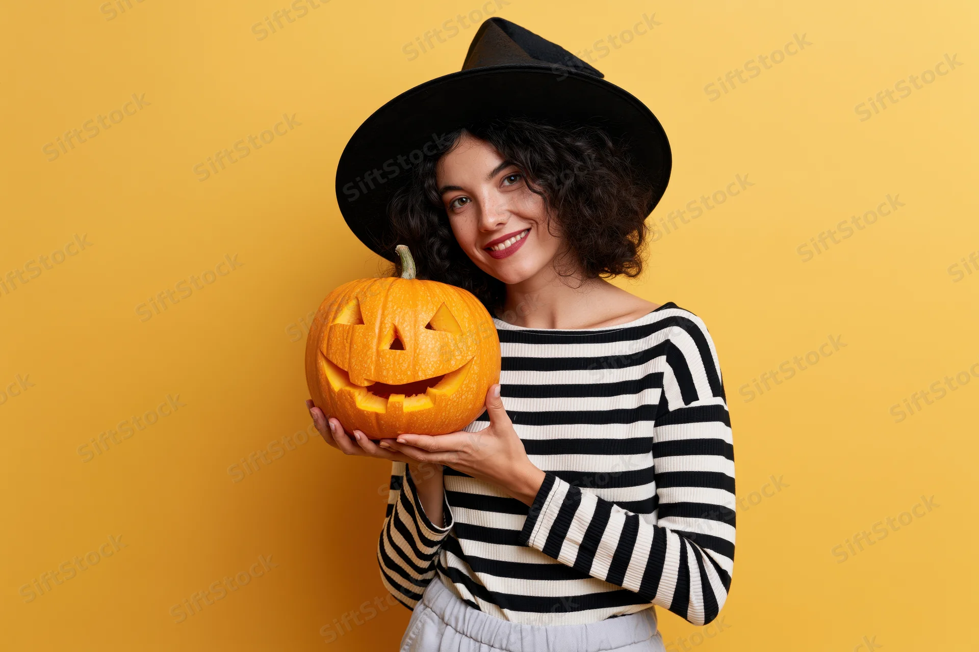 Woman in witch hat holding carved pumpkin against yellow background