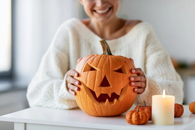 Woman holding a carved pumpkin on a table with a lit candle and small pumpkins beside it