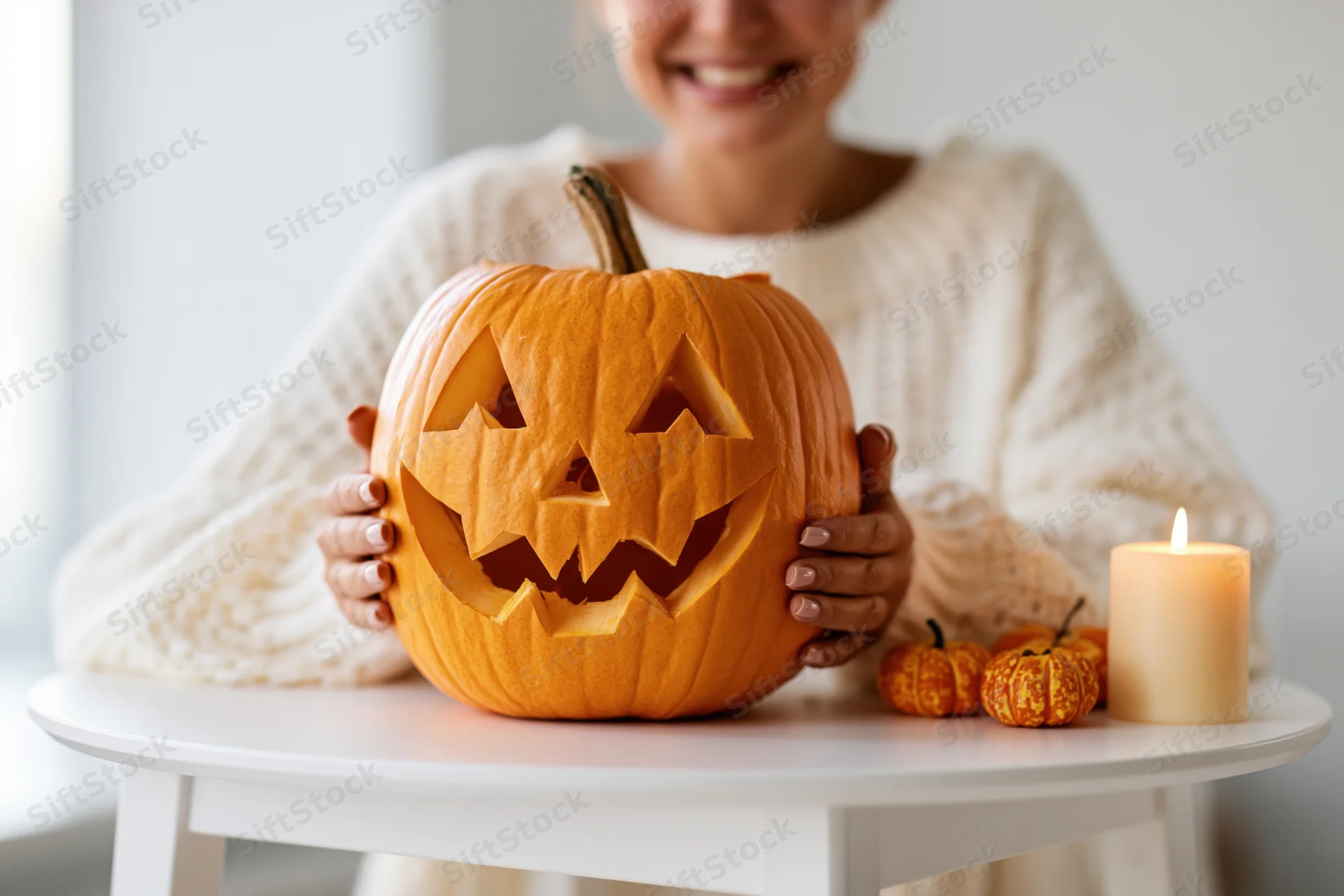 Woman holding carved pumpkin on table with candle and small pumpkins beside her
