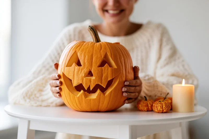 Woman holding carved pumpkin on table with candle and small pumpkins beside her