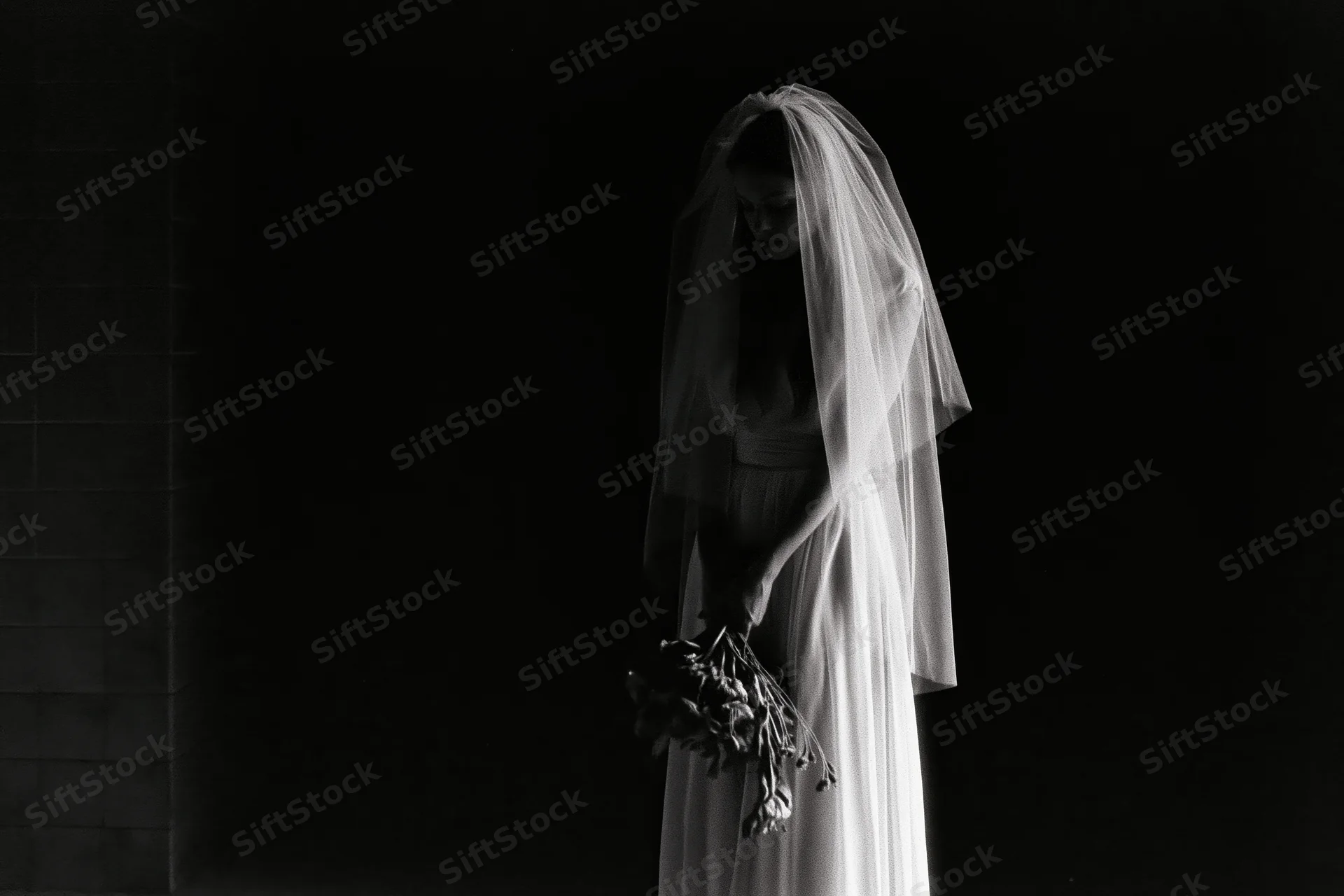 Bride in white wedding dress and long veil holding dried bouquet, standing in dark studio with dramatic lighting