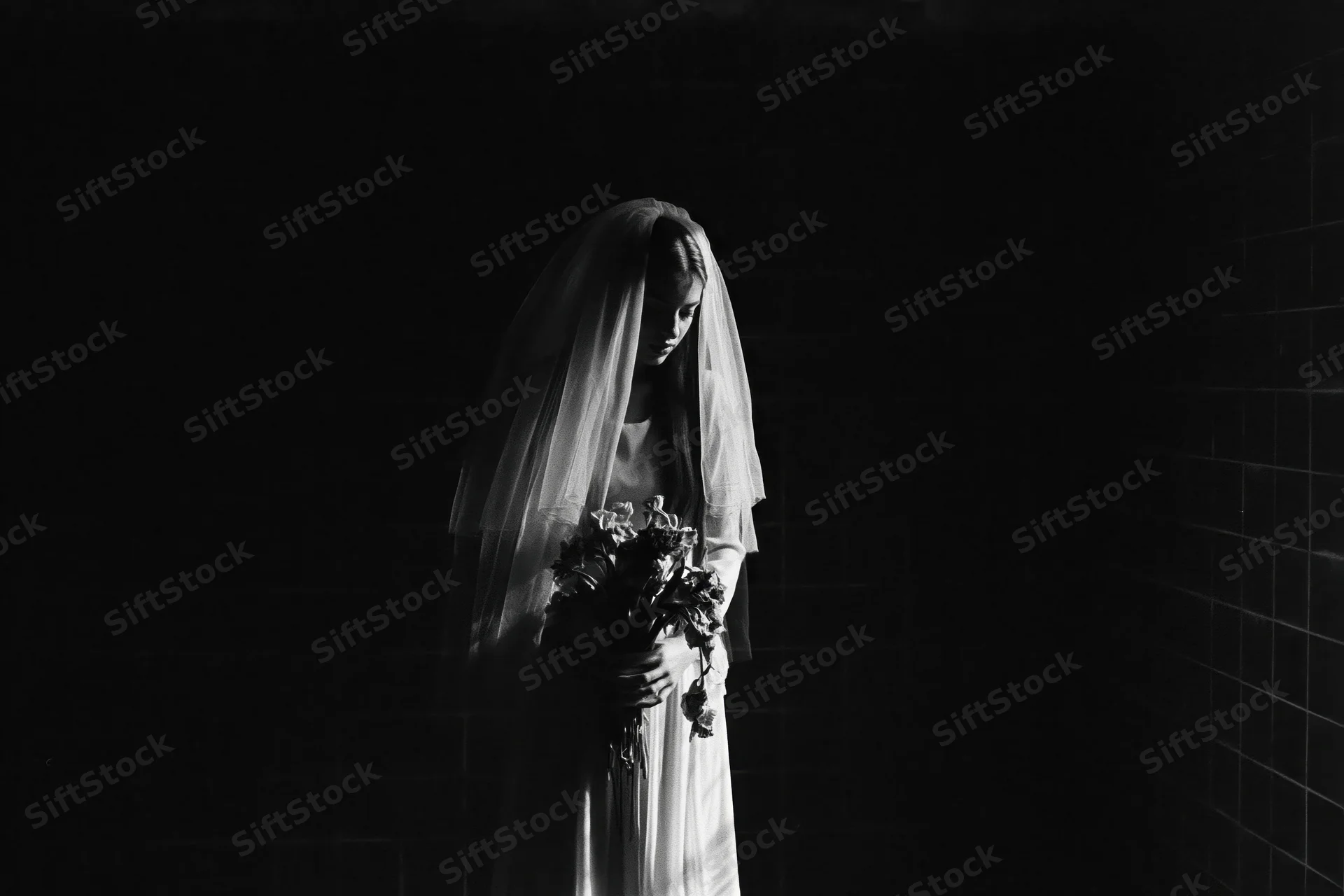 Bride in white wedding dress and veil holding bouquet, standing against dark tiled wall