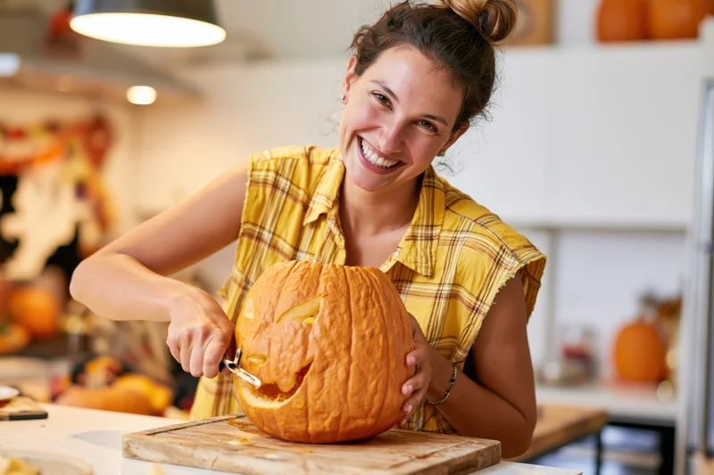 Woman carving a pumpkin on a wooden board in a kitchen