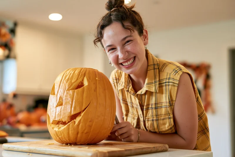 Woman smiling while carving a pumpkin on a kitchen countertop