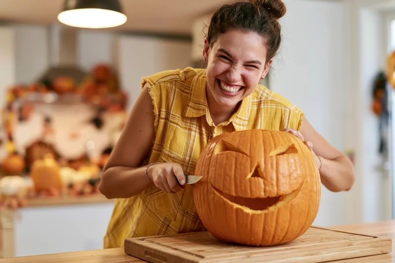 Woman smiling while carving a pumpkin on a wooden cutting board in a kitchen