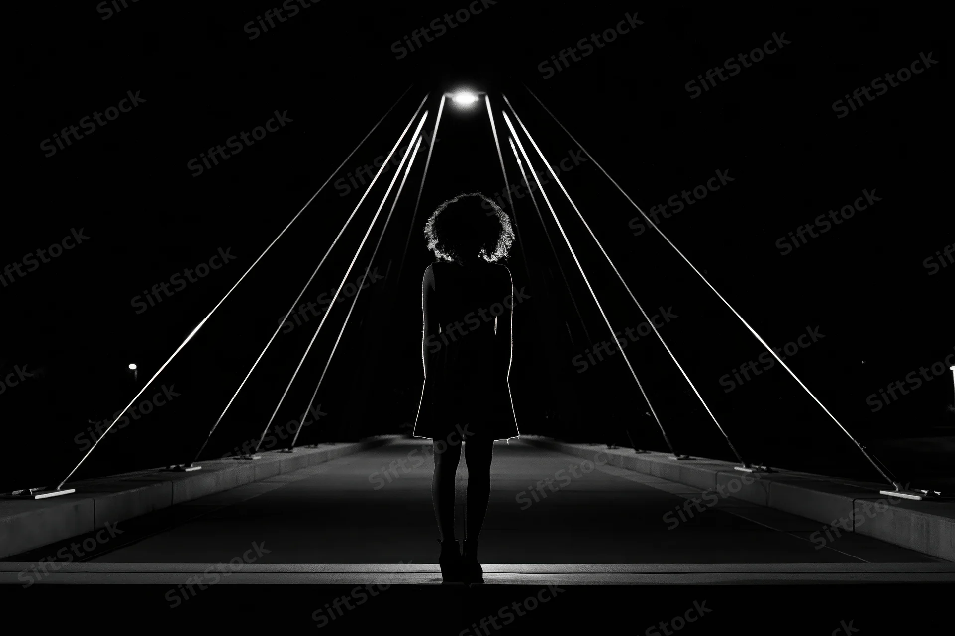 Silhouette of a woman standing still at the center of a cable-stayed pedestrian bridge at night