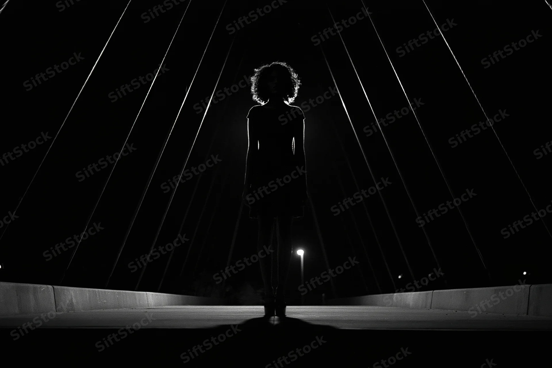 Silhouette of a woman standing still at the center of a pedestrian bridge at night