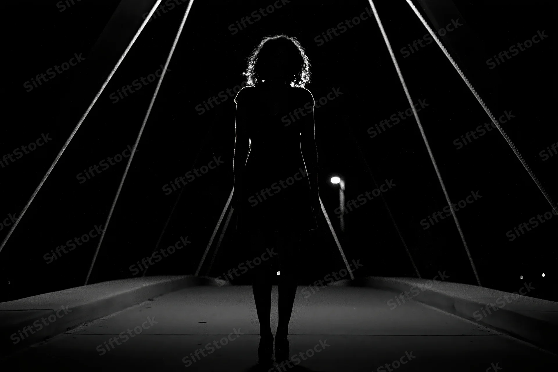 Silhouette of a young woman standing still at the center of a pedestrian bridge at night