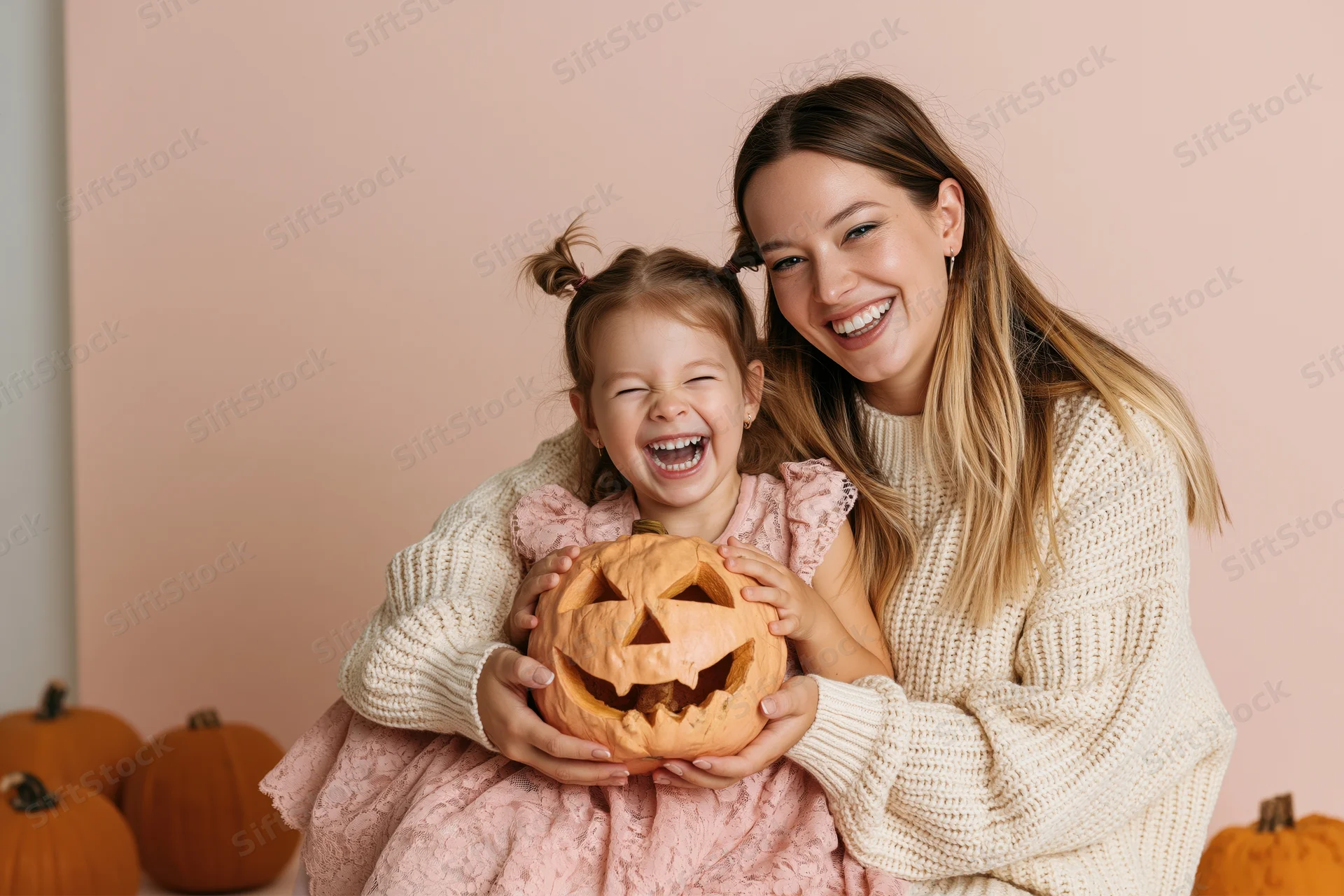 Woman hugging laughing toddler holding carved pumpkin in studio setting