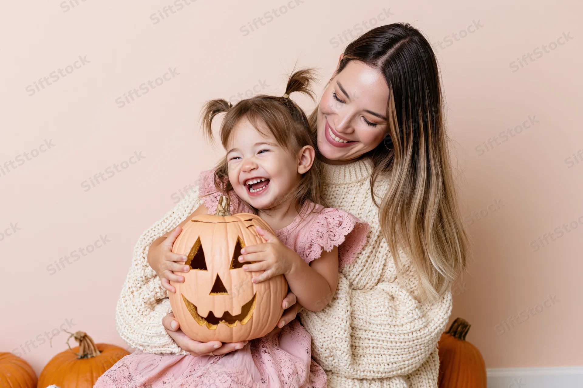 Woman hugging laughing toddler holding carved pumpkin indoors