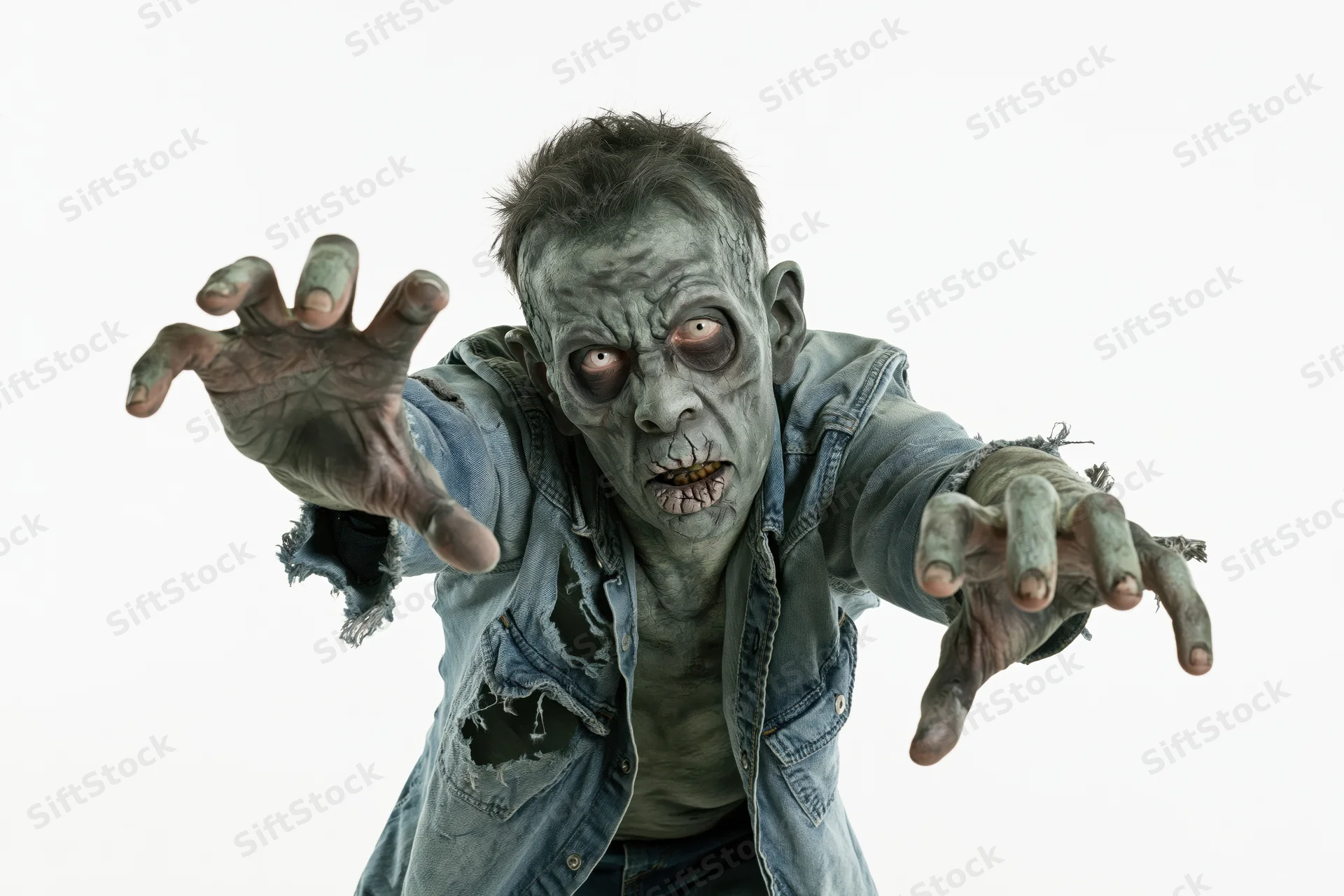 Zombie creature in professional halloween makeup lunging forward with arms outstretched against white background