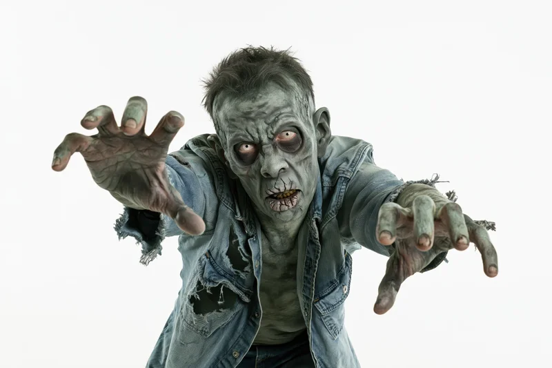 Zombie creature in professional halloween makeup lunging forward with arms outstretched against white background