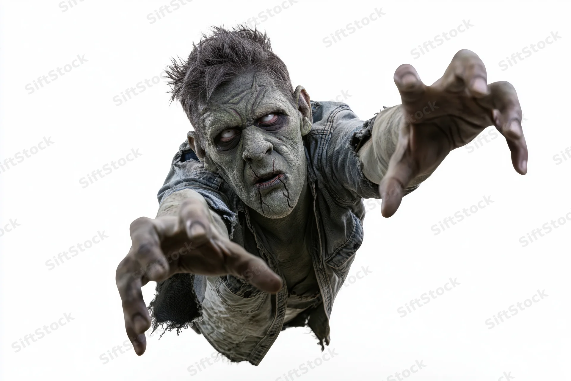 Zombie creature in professional halloween makeup lunging forward with arms outstretched against white background