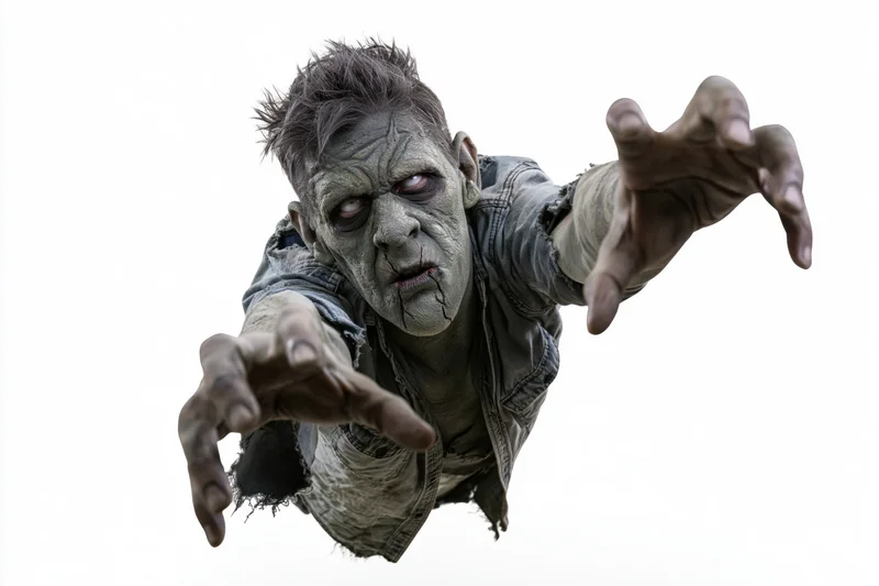 Zombie creature in professional halloween makeup lunging forward with arms outstretched against white background