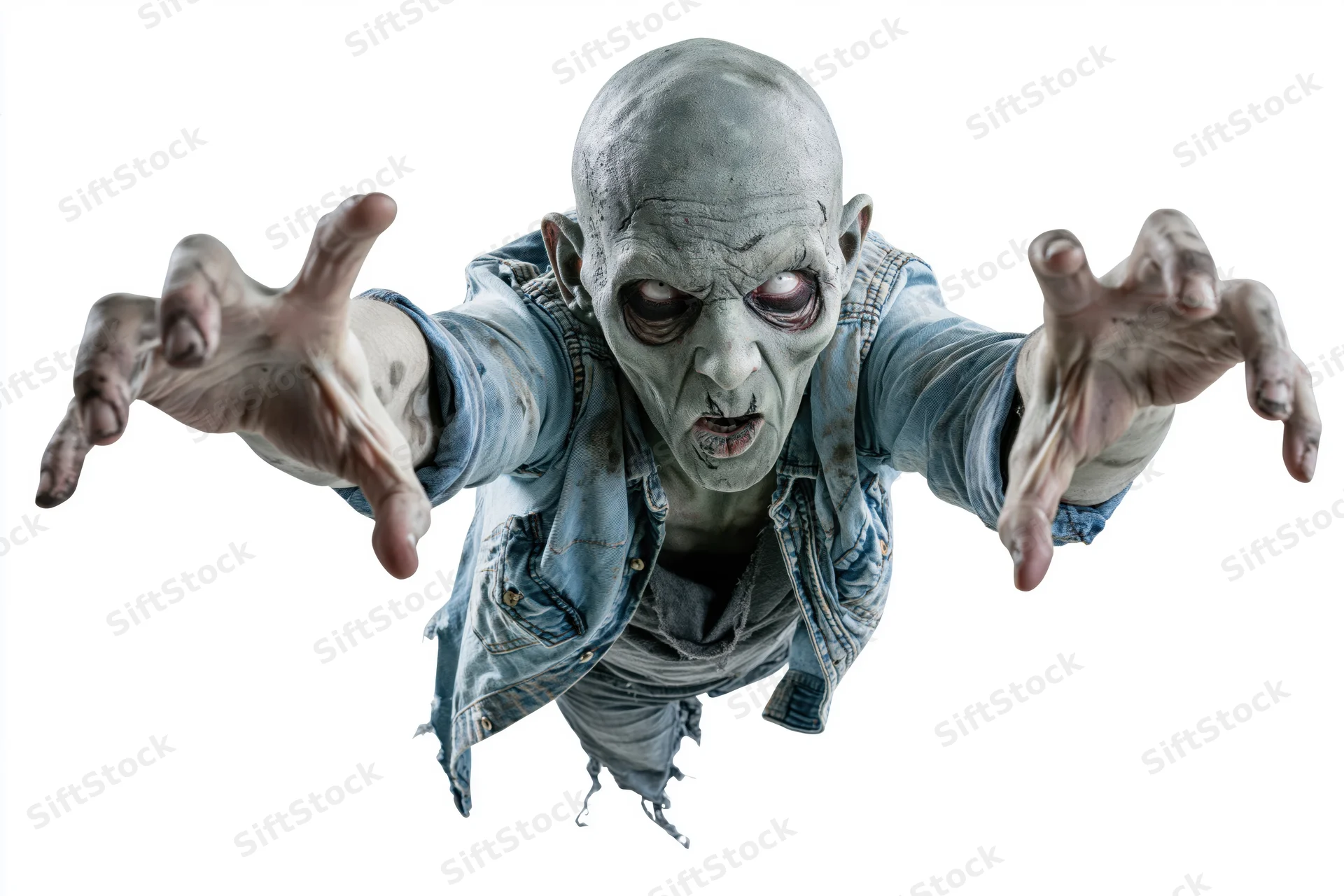 Zombie creature in professional halloween makeup lunging forward with arms outstretched against white background
