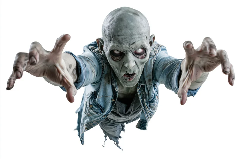 Zombie creature in professional halloween makeup lunging forward with arms outstretched against white background