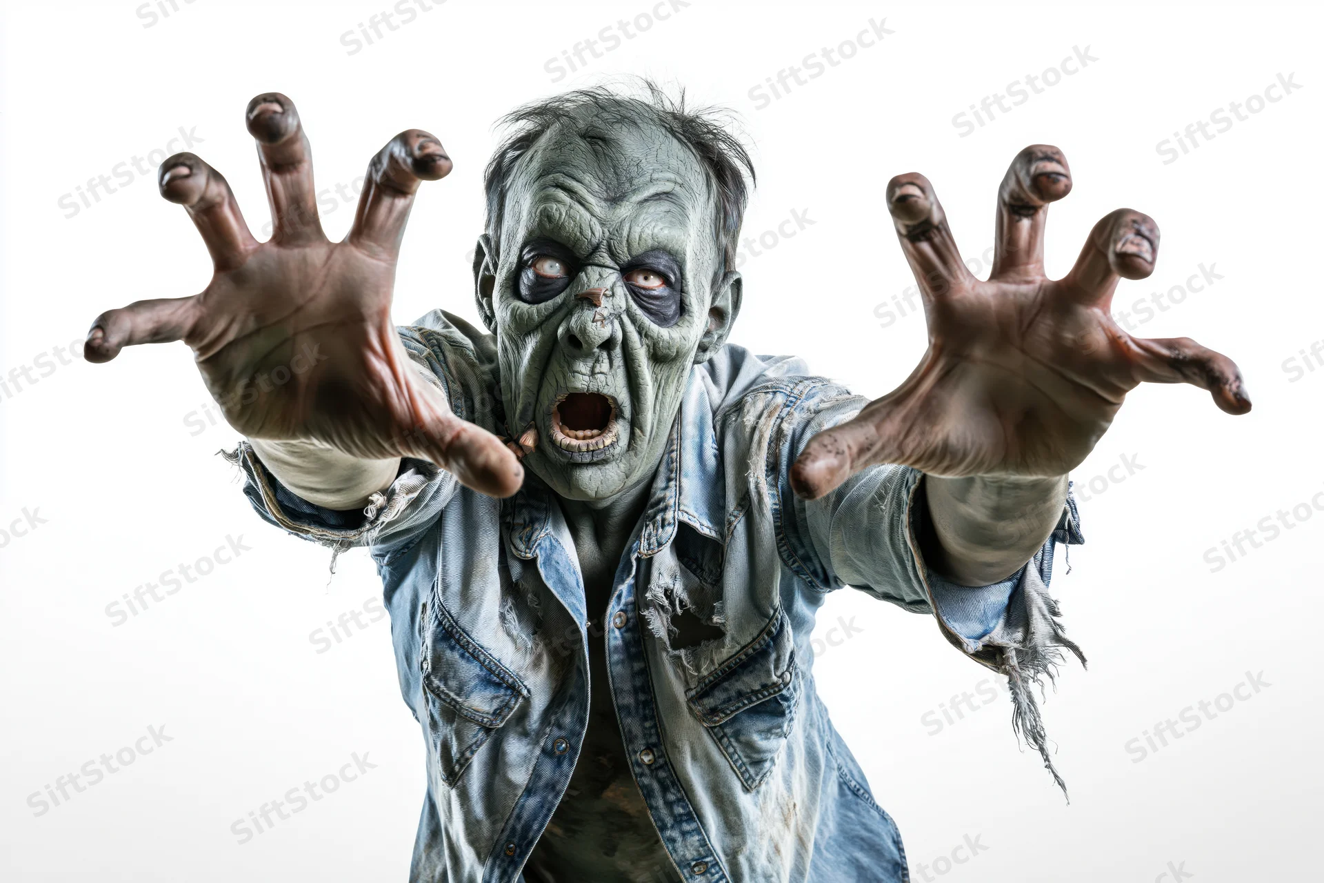 Zombie creature in professional halloween makeup lunging forward with hands outstretched against white background