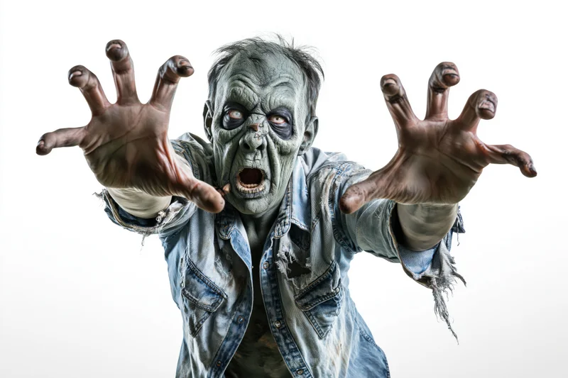 Zombie creature in professional halloween makeup lunging forward with hands outstretched against white background