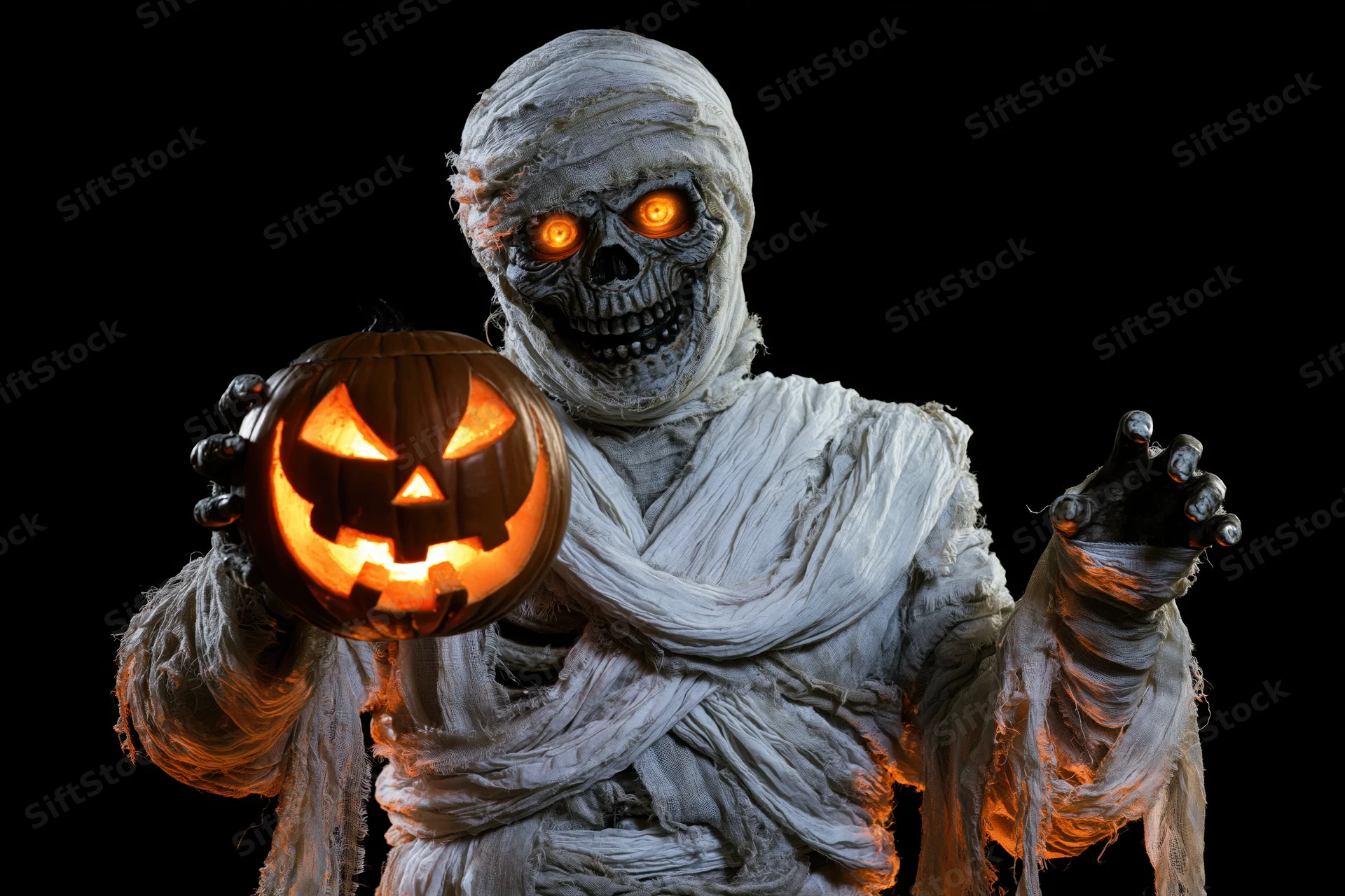 Mummy in costume holding glowing jack-o-lantern against black background