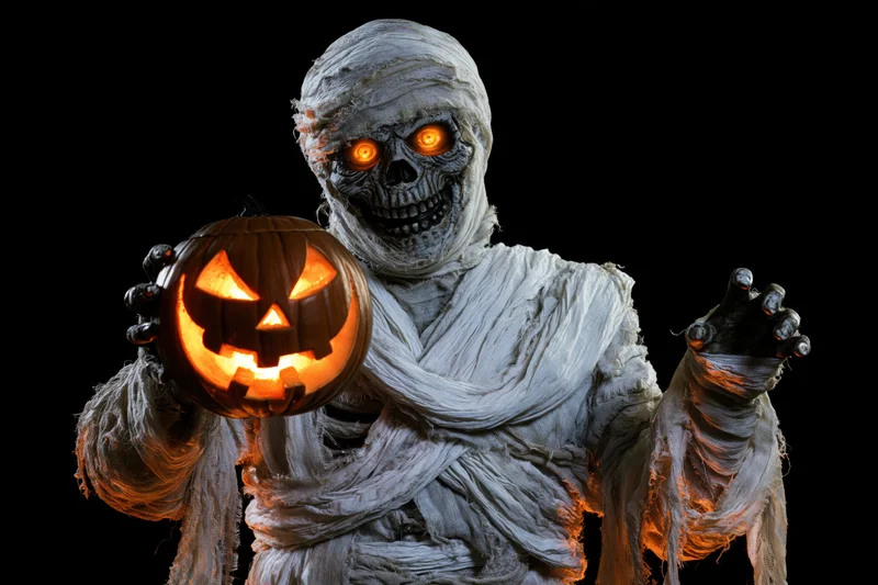 Mummy in costume holding glowing jack-o-lantern against black background