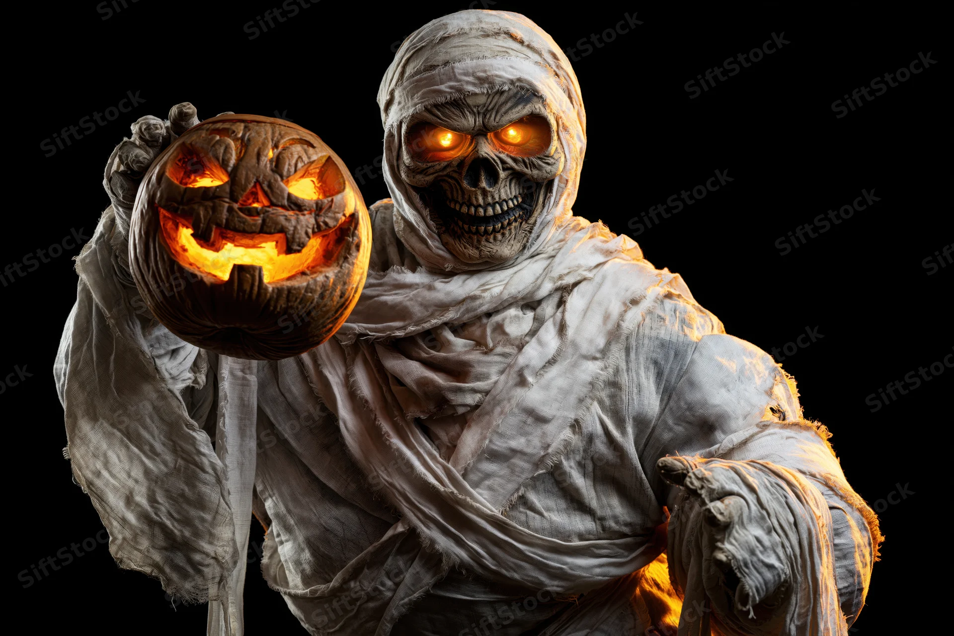 Mummy in bandages holding glowing jack-o-lantern against black background