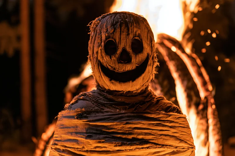 Mummy costume figure wrapped in tattered fabric with glowing fire behind at night