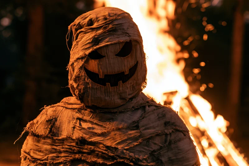 Mummy figure wrapped in burlap fabric with jack-o-lantern face illuminated by fire at night