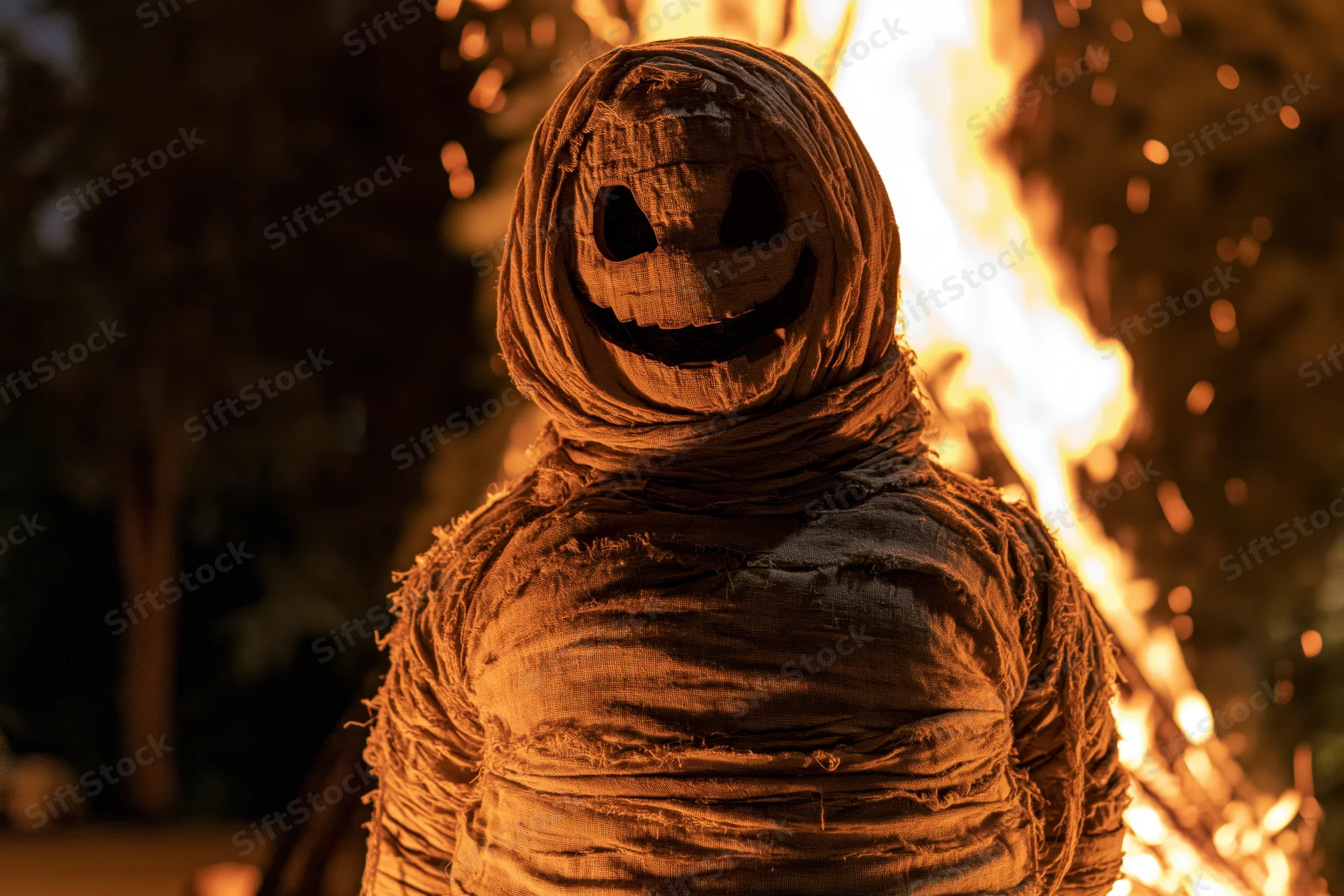 Mummy figure wrapped in cloth standing before flames at night