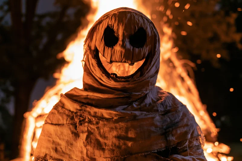 Mummy figure wrapped in tattered cloth standing before burning fire at night