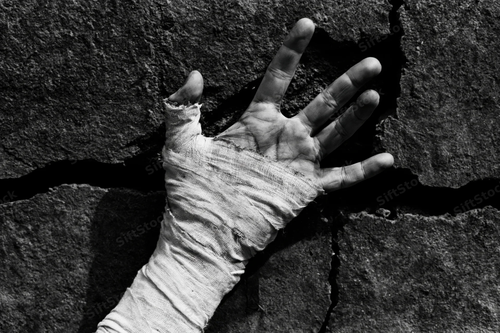 Bandaged hand gripping through crack in stone wall