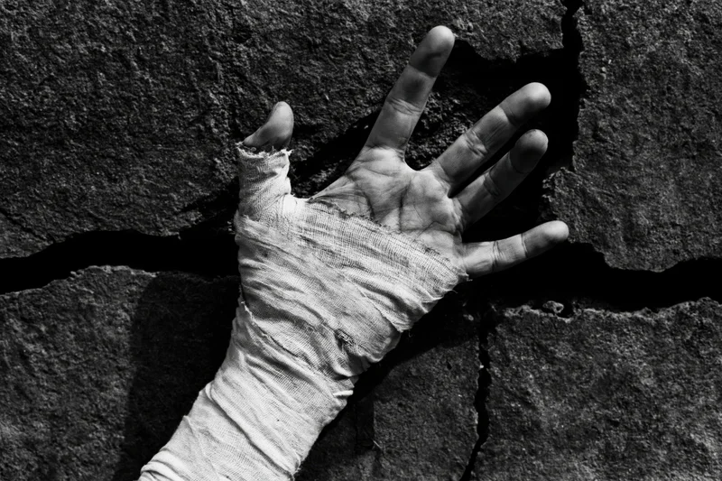 Bandaged hand gripping through crack in stone wall