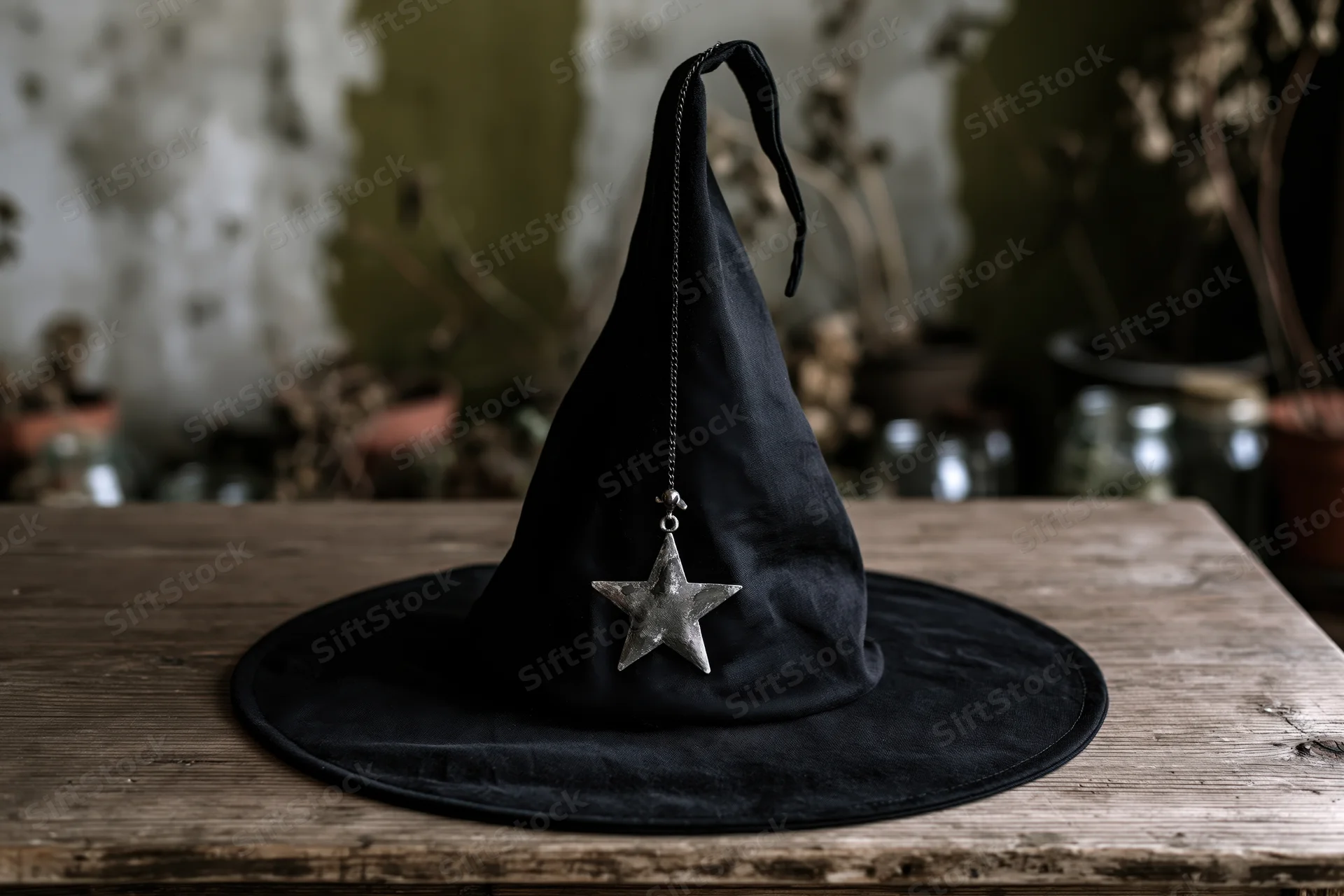 Black fabric witch hat with dangling silver star charm on rustic wooden table