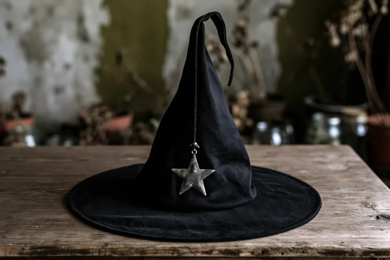 Black fabric witch hat with dangling silver star charm on rustic wooden table