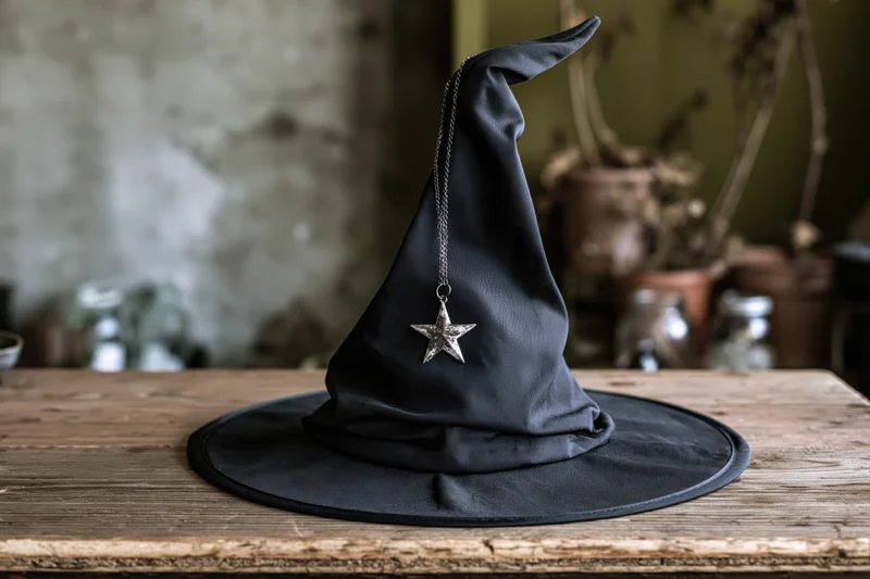 Black fabric witch hat with silver star charm resting on wooden table in dim rustic interior